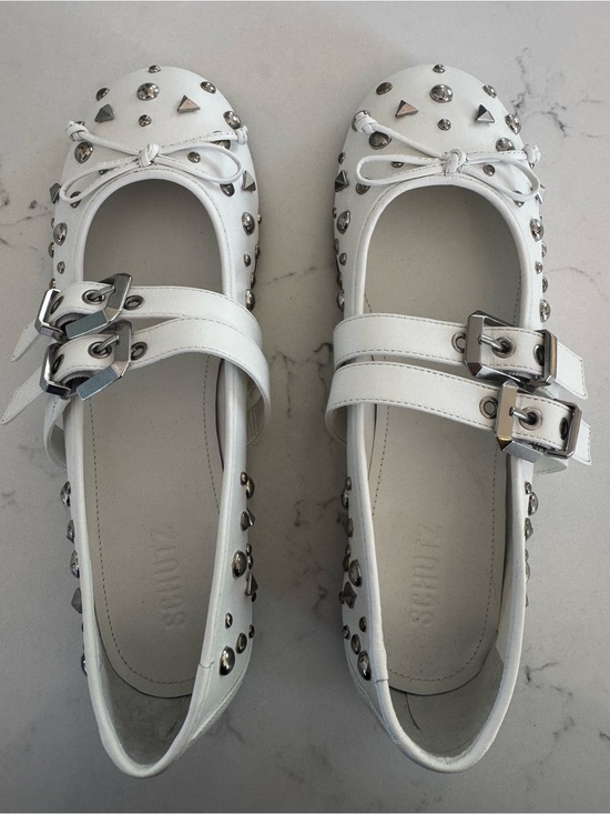 SCHUTZ Shoes - SCHUTZ White Studded Double-Buckle Mary Jane Flats